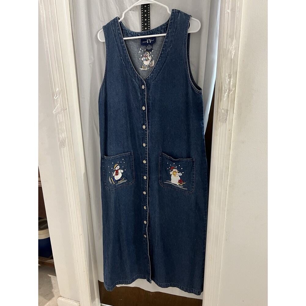Original Ty Wear Blue Vintage Button Front Snowman Theme Denim Jumper Sz 14